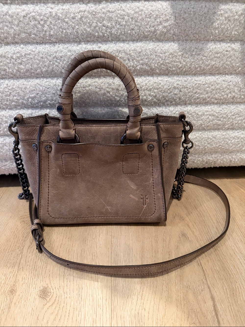 Frye Taupe Wrapped-Handle Satchel with Chain Strap